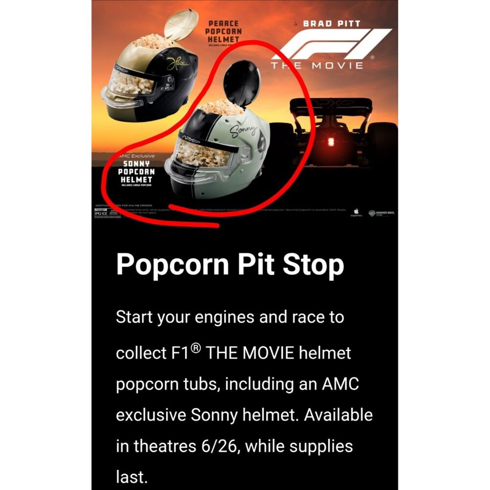 AMC F1 The Movie Sonny Popcorn Bucket Brad Pitt Helmet In Hand NEW